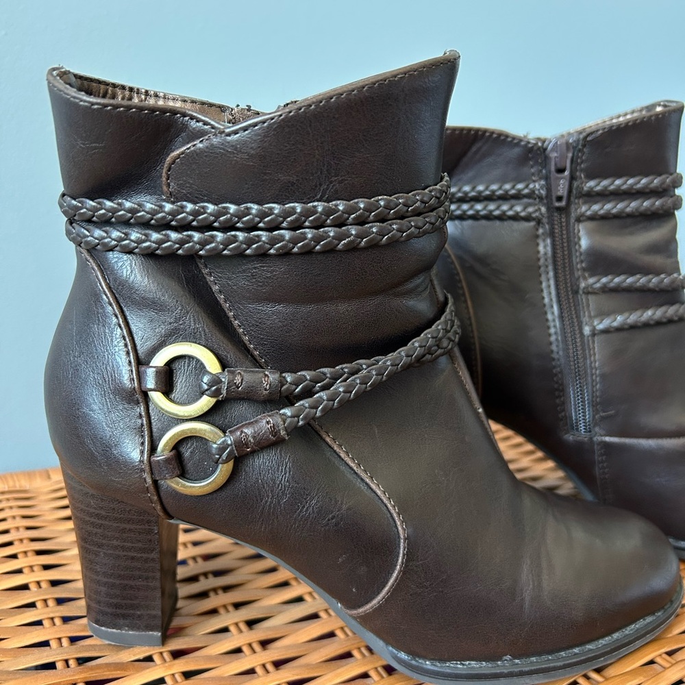 Brown Ankle Boots with Braided Straps and Gold Rivets